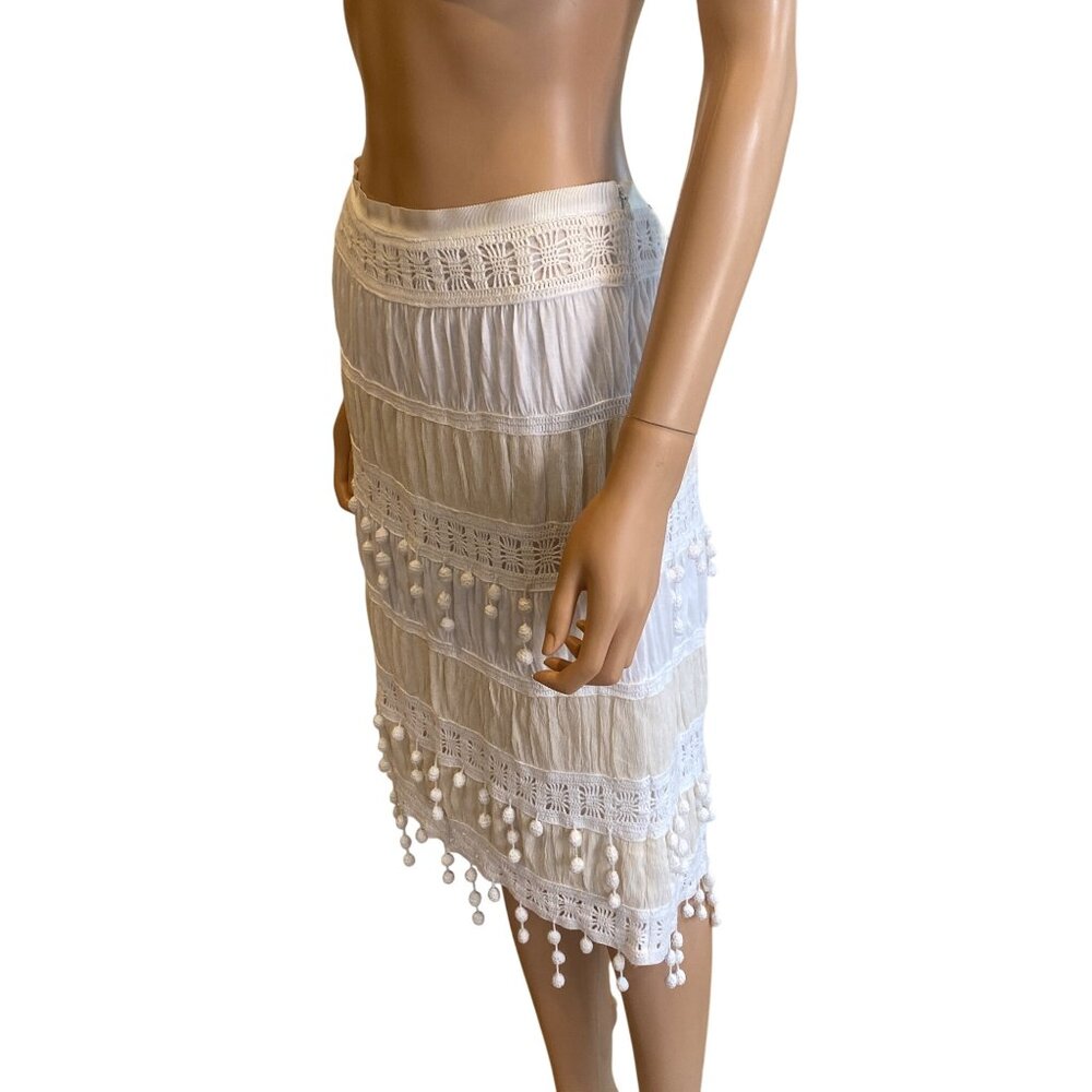 Trina Turk Skirt w/ Pom Poms Women's 12 Ivory Beige Cotton Silk Lined - Picture 4 of 15